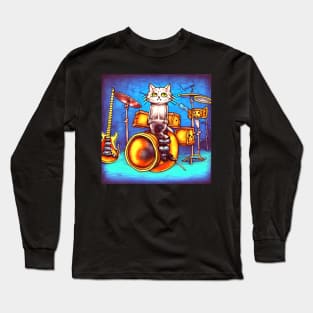 A Cat Sitting On It's Drum Kit Long Sleeve T-Shirt